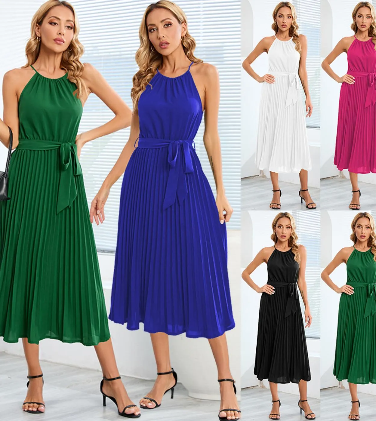 2023 estate nuovo abito a pieghe da donna senza maniche con bretelle gonna senza maniche moda donna elegante abito tinta unita