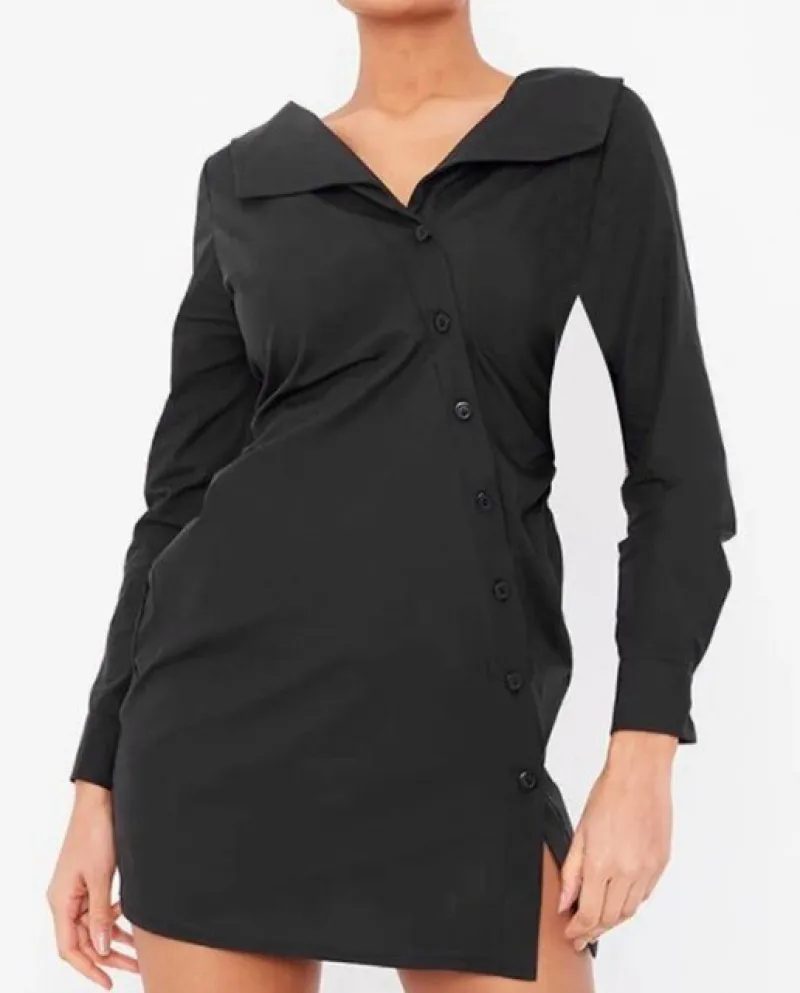 Abito da donna con bottoni a pieghe autunno e inverno manica lunga con scollo a V camicia abbottonata gonna casual da donna abit