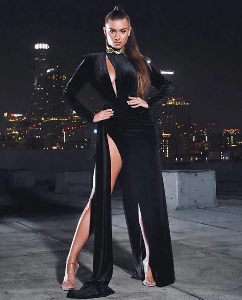 Abito elegante Cutuly Abiti lunghi con spacco alto in velluto solido per le donne Streetwear Club Party Vestidos Lunghezza del p