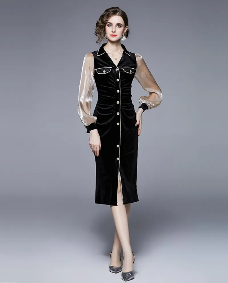 Abito nero monopetto in velluto monopetto elegante di lusso leggero da donna