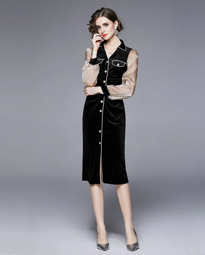 Abito nero monopetto in velluto monopetto elegante di lusso leggero da donna