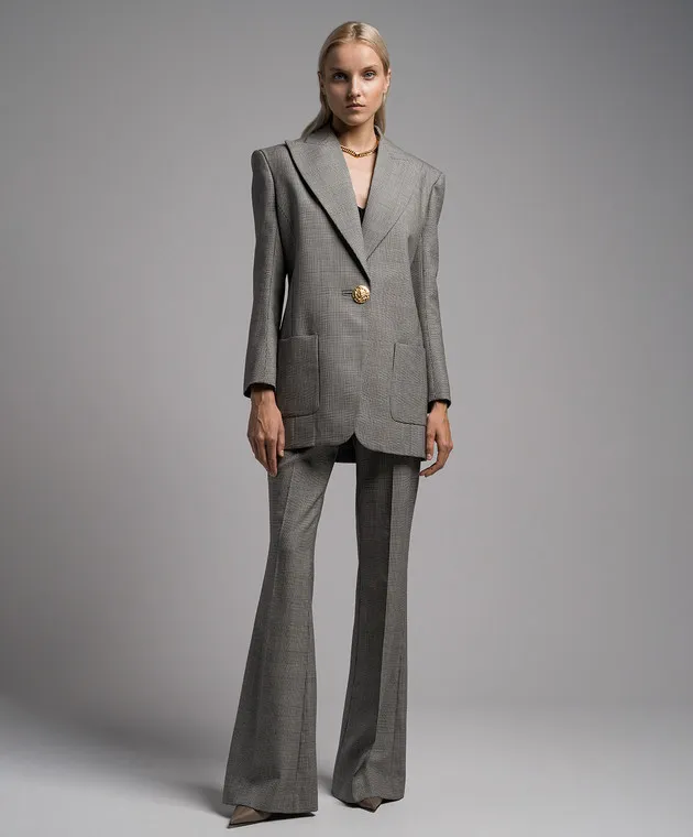 Balmain Pantaloni a zampa di lana a quadri grigi BF1PO105WB85