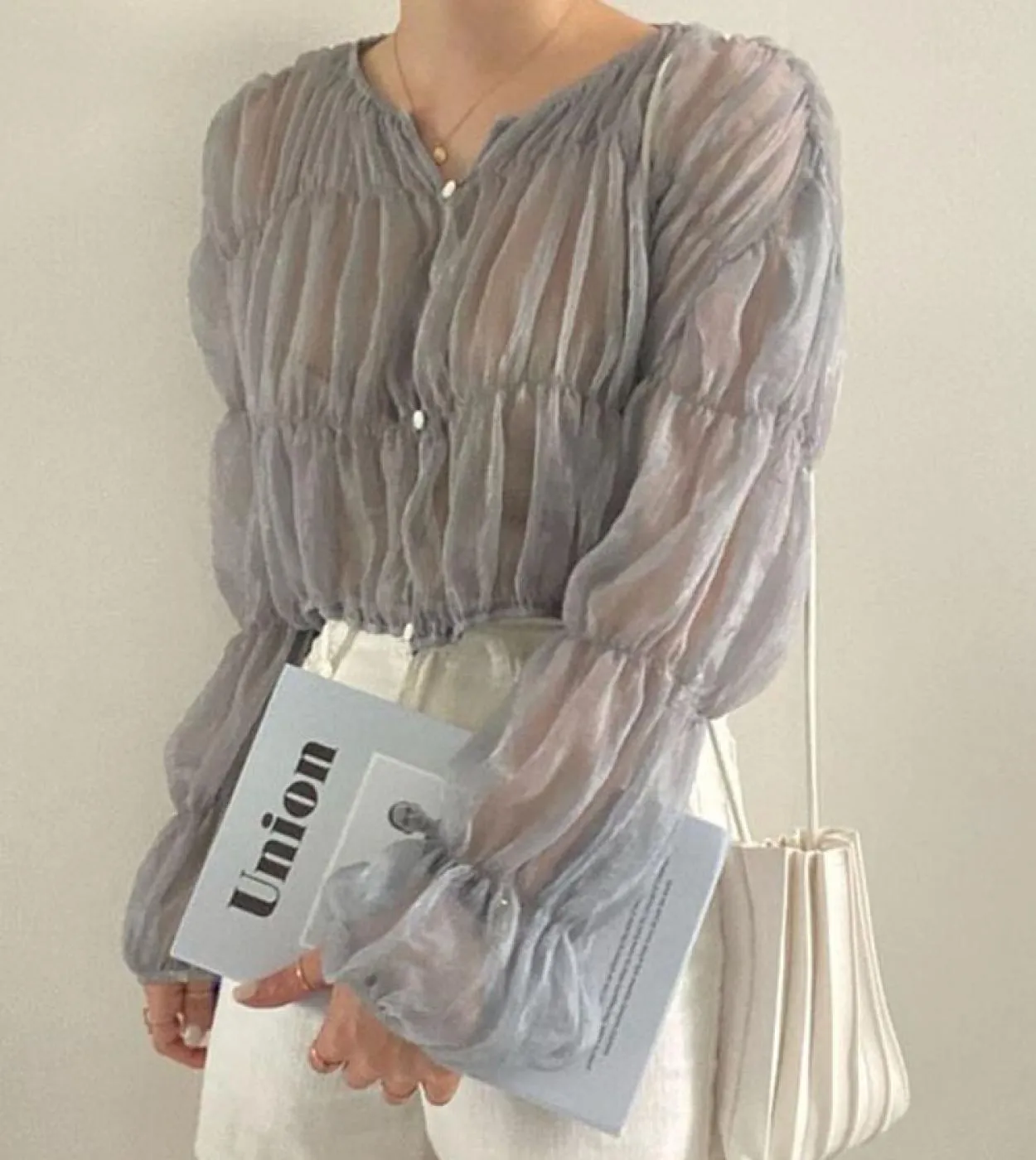 Camicetta casual a pieghe moda donna estate nuove pieghe larghe camicia in chiffon prospettiva manica lunga top Blusas Mujer 156