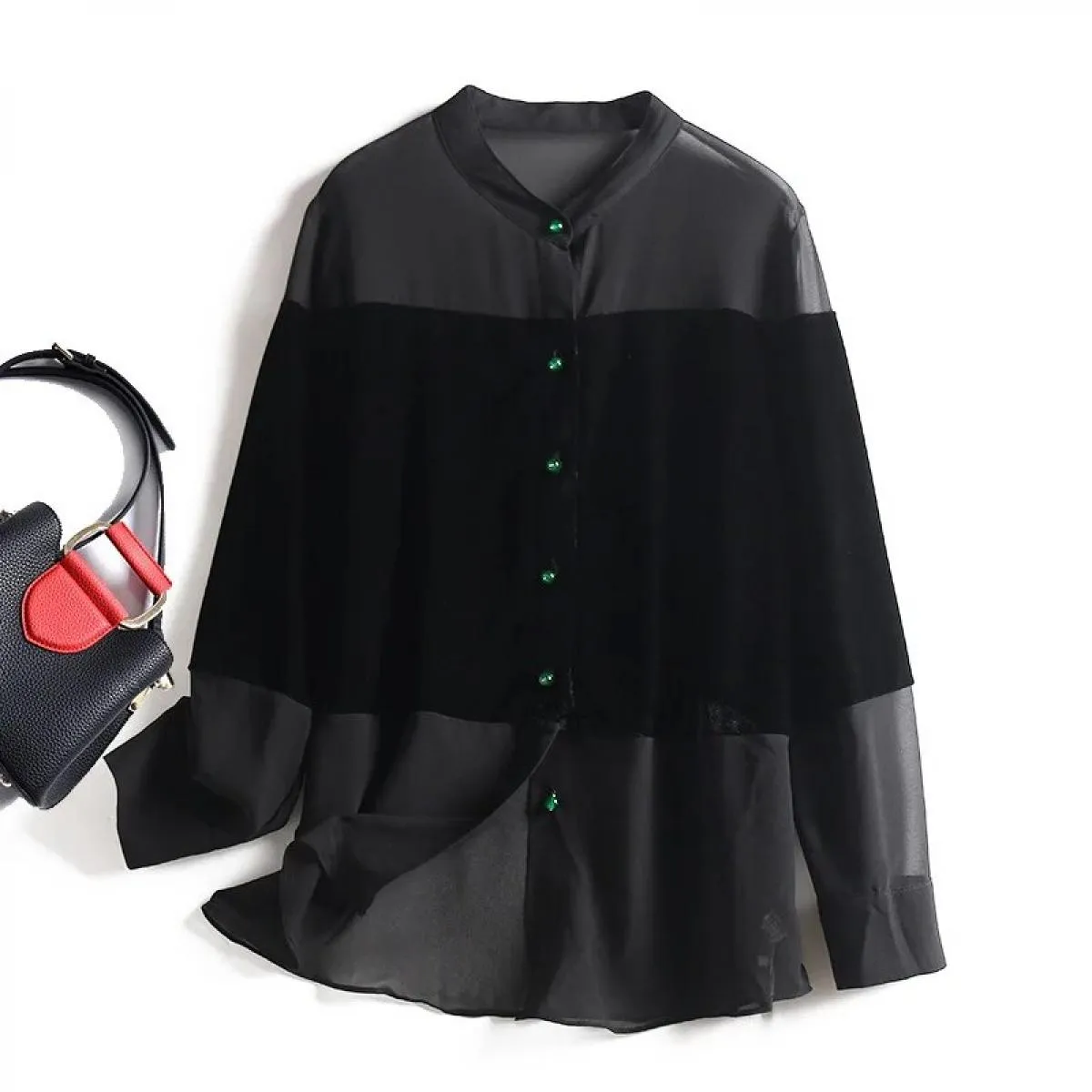 Camicie da donna alla moda 2023 Top da donna in stile Hepburn a maniche lunghe in chiffon con cuciture in velluto a maglie