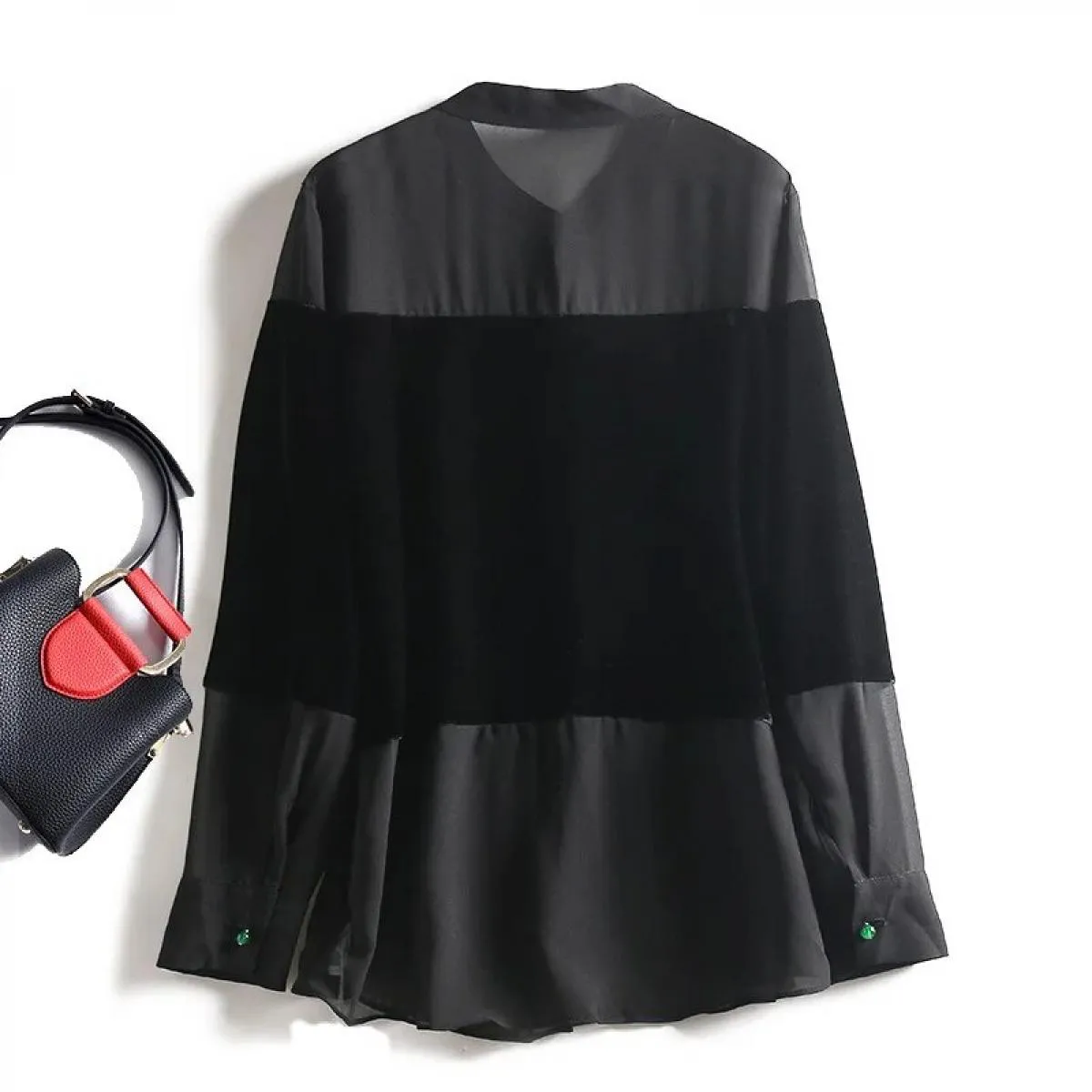 Camicie da donna alla moda 2023 Top da donna in stile Hepburn a maniche lunghe in chiffon con cuciture in velluto a maglie