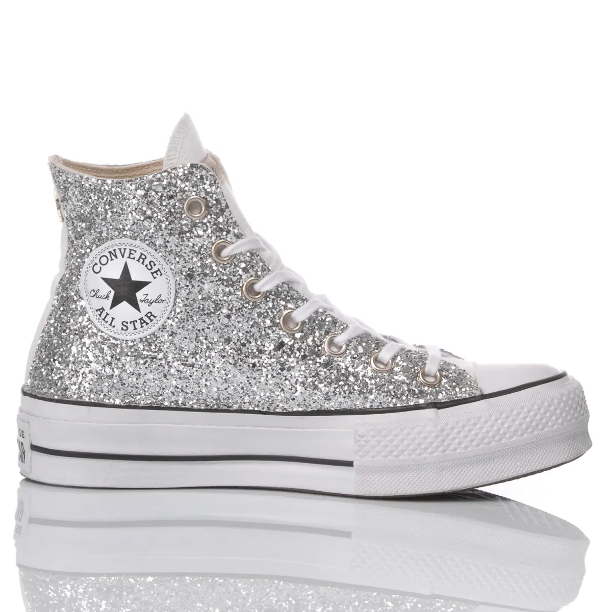 Converse All Star Platform Bianco Stivaletto Classiche Borchie Glitter Argento