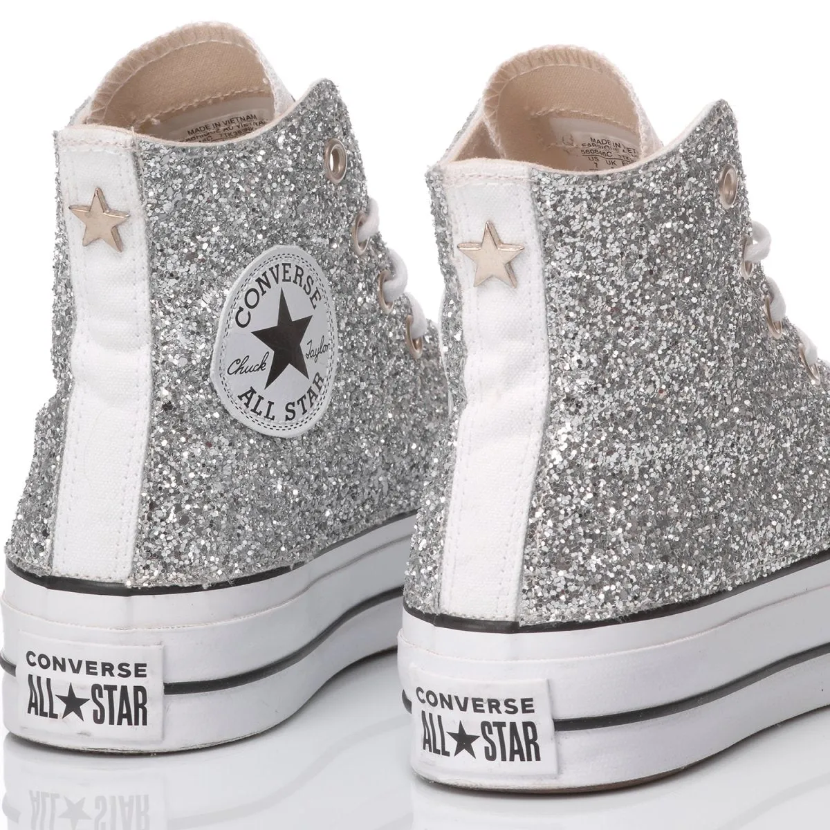 Converse All Star Platform Bianco Stivaletto Classiche Borchie Glitter Argento