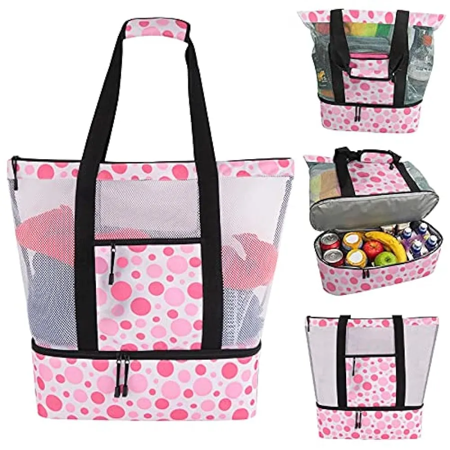 Extra Grande Borsa a Rete da Spiaggia, 41 * 16 * 49 cm Borsa da Campeggio per Borsa da Spiaggia con Scomparto Termico, Rete Dopp
