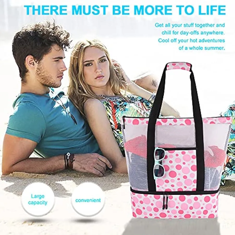 Extra Grande Borsa a Rete da Spiaggia, 41 * 16 * 49 cm Borsa da Campeggio per Borsa da Spiaggia con Scomparto Termico, Rete Dopp