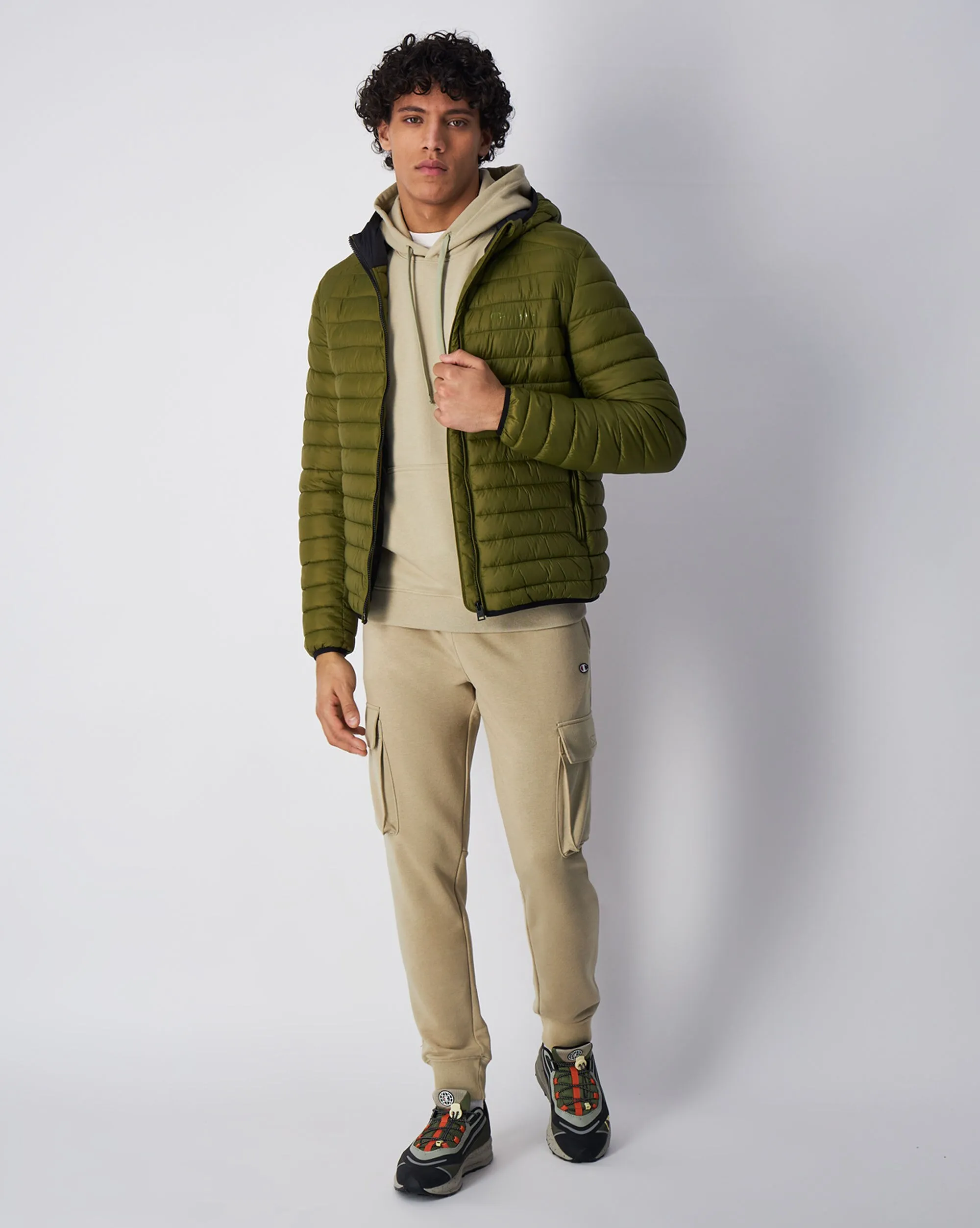 Giacca Imbottita Con Cappuccio E Logo Verde Uomo
