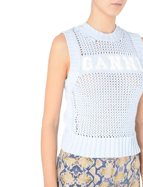 Gilet Ganni in cotone azzurro con logo