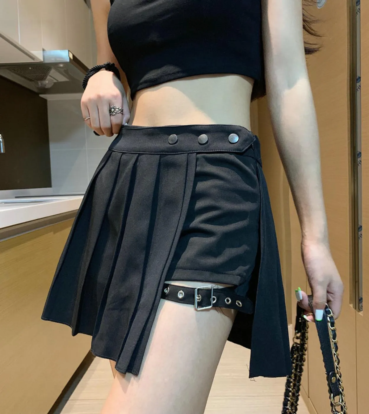 Gonna da donna gotica a vita alta punk a pieghe Gonne estive nere Gonna da ragazza con pantaloncini Goth Dark Punk plaid pieghet