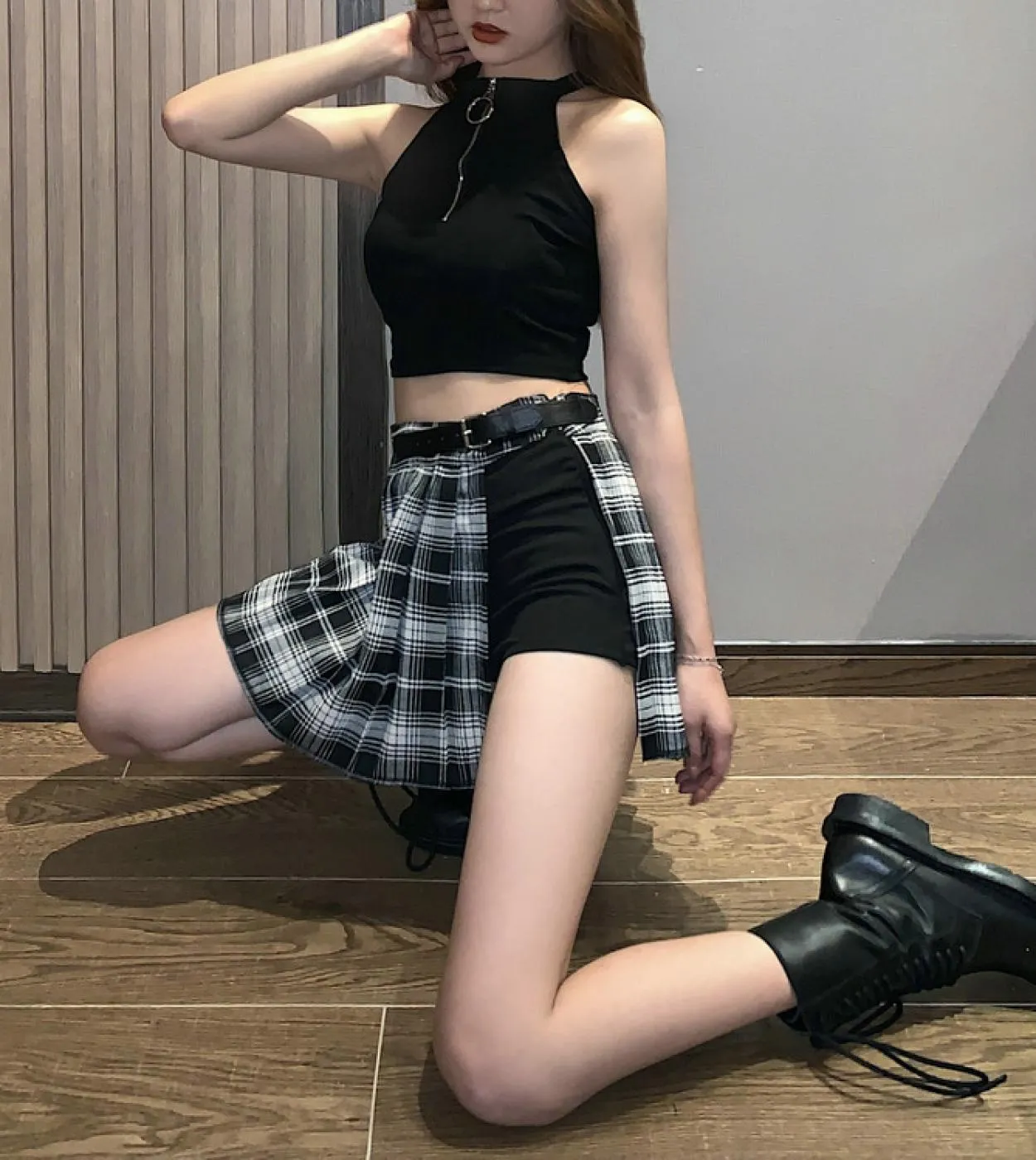 Gonna da donna gotica a vita alta punk a pieghe Gonne estive nere Gonna da ragazza con pantaloncini Goth Dark Punk plaid pieghet