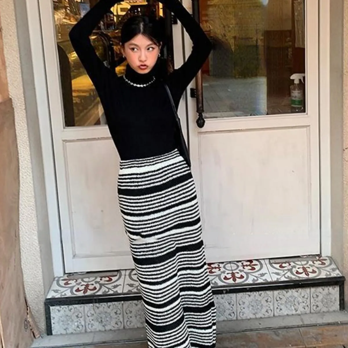 Gonna in maglia autunnale Gonne in maglia con spacco Gonne alla caviglia stile vintage Gonne in maglia