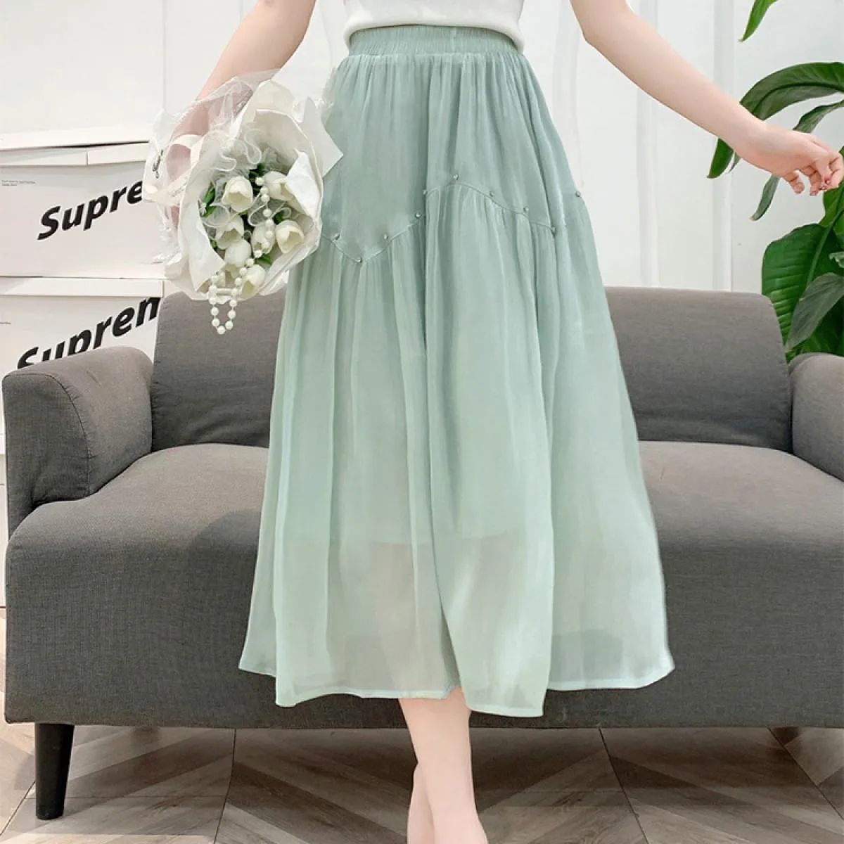 Gonna longuette setosa vintage con perline di strass Moda elastica a vita alta Gonne a pieghe nere a pieghe 2023 Estate K264