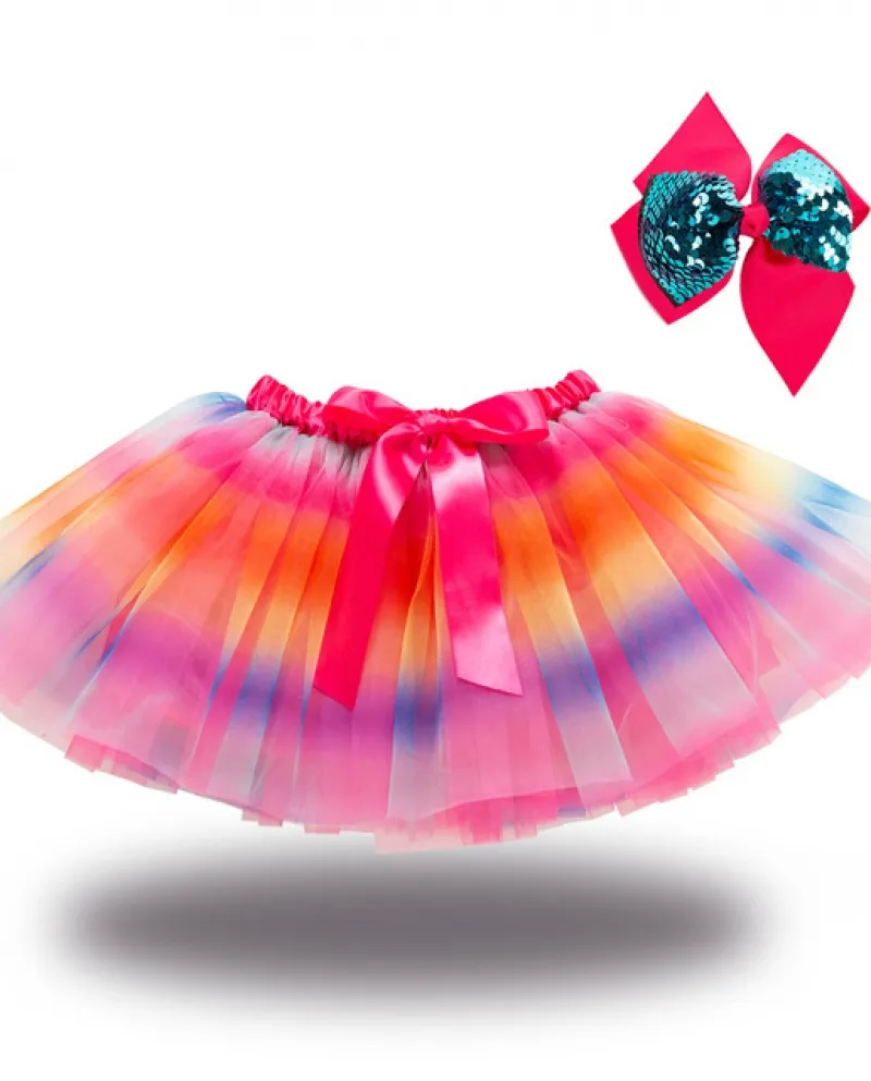Gonna multicolore arcobaleno per bambini Motivi a stella per ragazze Gonna a bolle elastiche a vita alta con fermaglio per capel