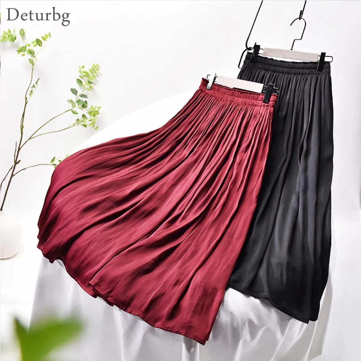 Gonna opaca tinta unita elegante da donna Gonna longuette a vita alta femminile Tasche laterali in chiffon a pieghe Estate Sk523