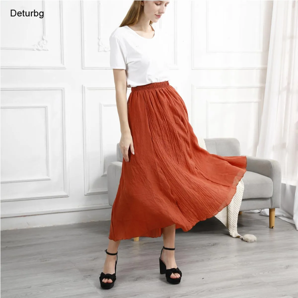 Gonne lunghe a pieghe in lino di cotone elegante da donna Gonna casual sottile in vita elastica a vita alta femminile Saias Nuov