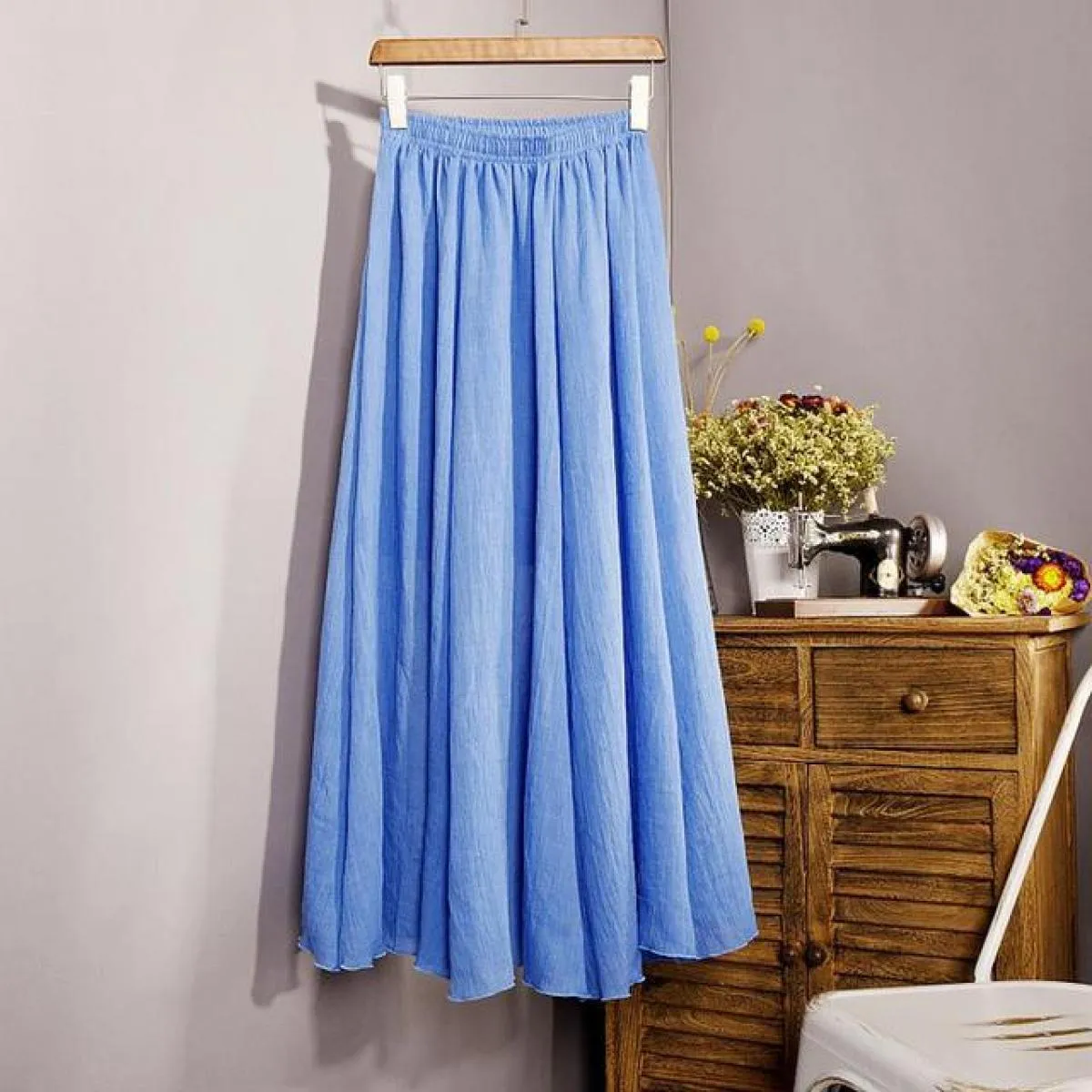 Gonne lunghe a pieghe in lino di cotone elegante da donna Gonna casual sottile in vita elastica a vita alta femminile Saias Nuov