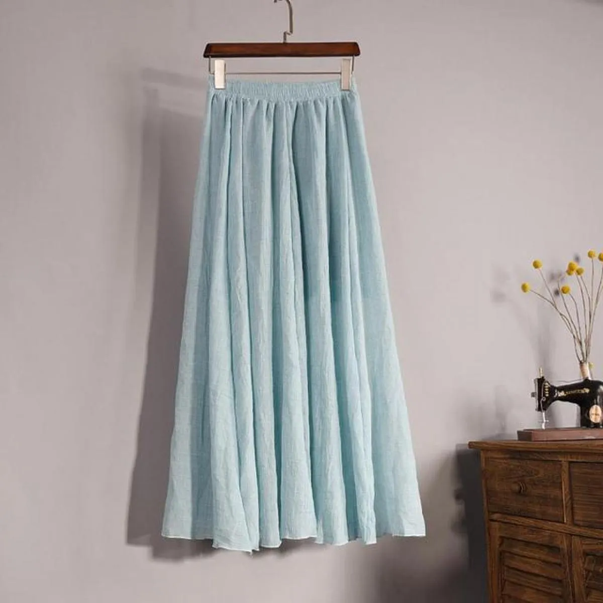Gonne lunghe a pieghe in lino di cotone elegante da donna Gonna casual sottile in vita elastica a vita alta femminile Saias Nuov