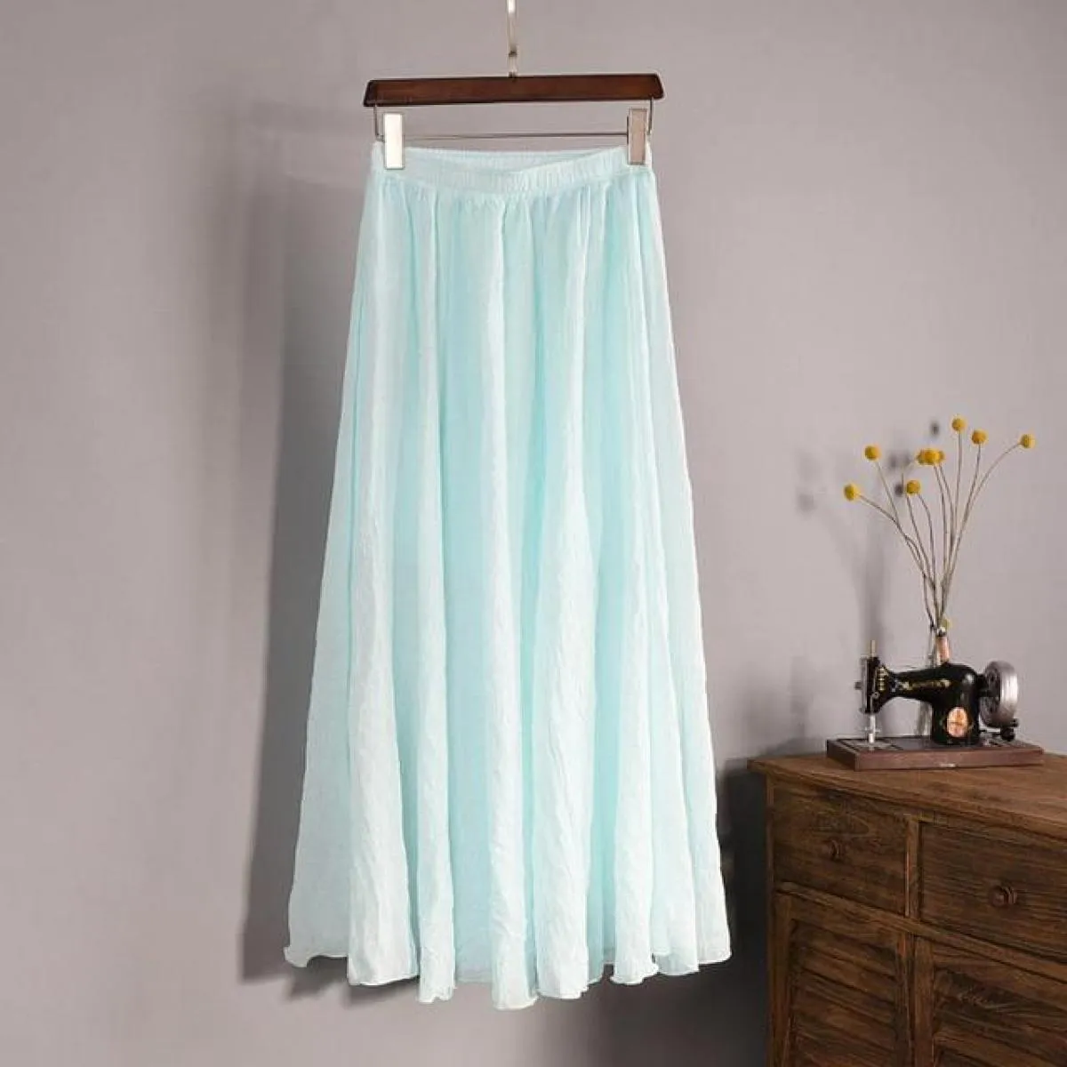 Gonne lunghe a pieghe in lino di cotone elegante da donna Gonna casual sottile in vita elastica a vita alta femminile Saias Nuov