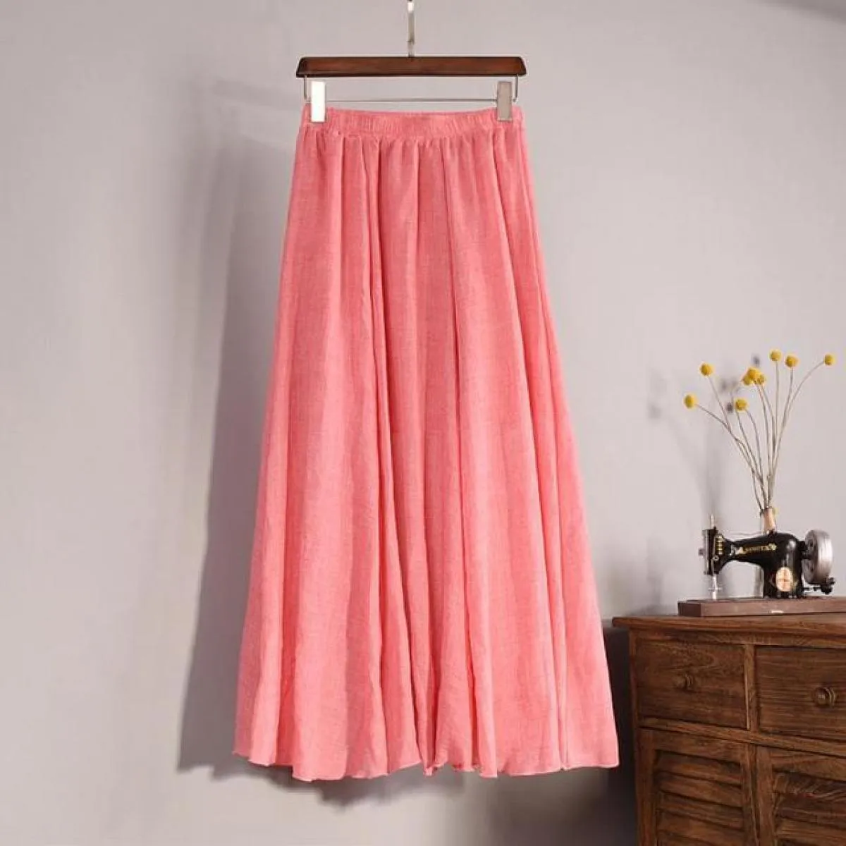Gonne lunghe a pieghe in lino di cotone elegante da donna Gonna casual sottile in vita elastica a vita alta femminile Saias Nuov