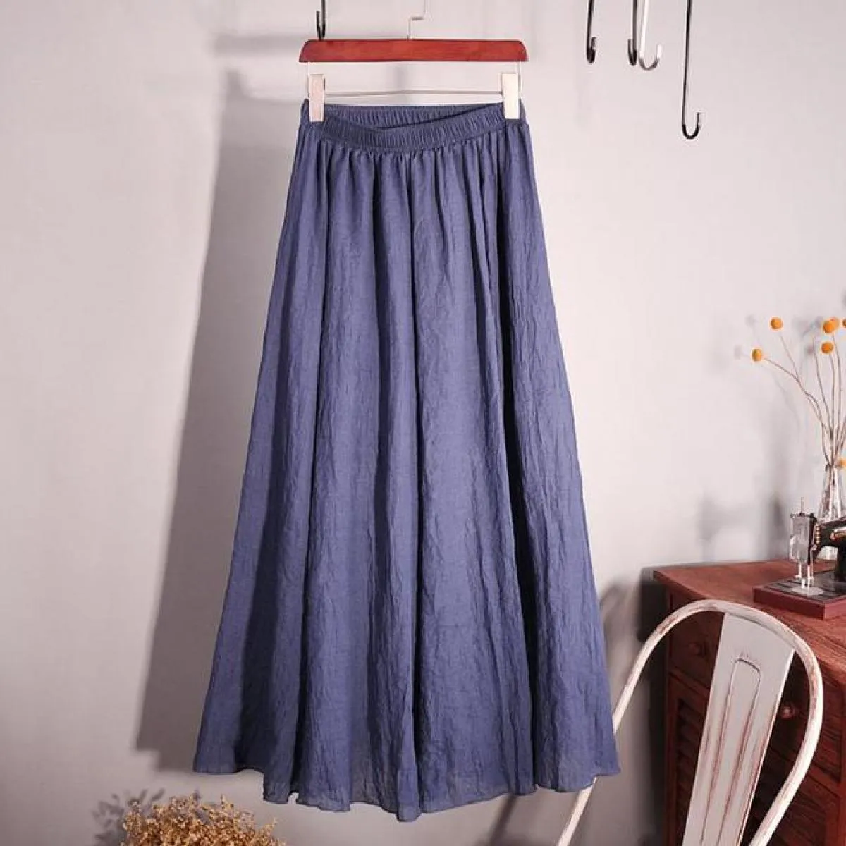 Gonne lunghe a pieghe in lino di cotone elegante da donna Gonna casual sottile in vita elastica a vita alta femminile Saias Nuov
