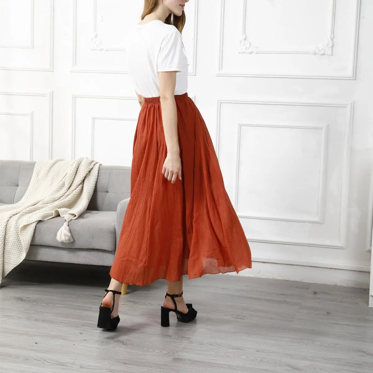 Gonne lunghe a pieghe in lino di cotone elegante da donna Gonna casual sottile in vita elastica a vita alta femminile Saias Nuov