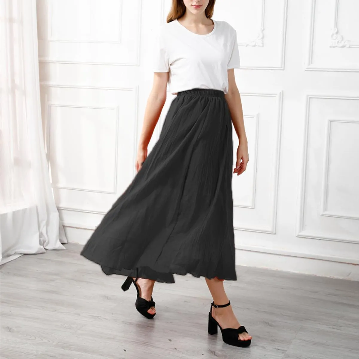 Gonne lunghe a pieghe in lino di cotone elegante da donna Gonna casual sottile in vita elastica a vita alta femminile Saias Nuov