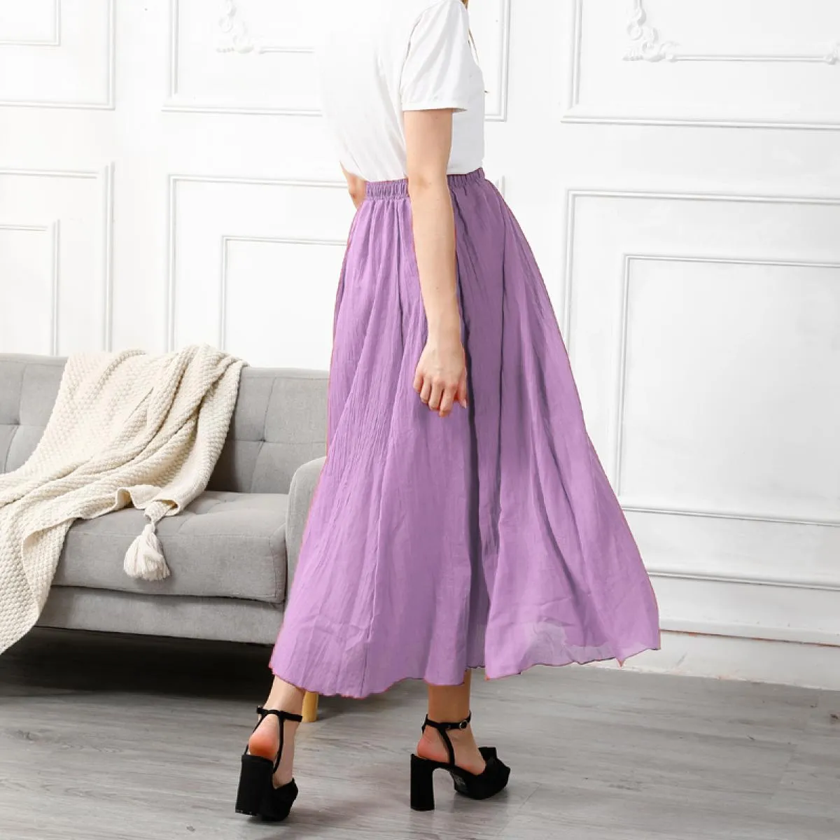 Gonne lunghe a pieghe in lino di cotone elegante da donna Gonna casual sottile in vita elastica a vita alta femminile Saias Nuov
