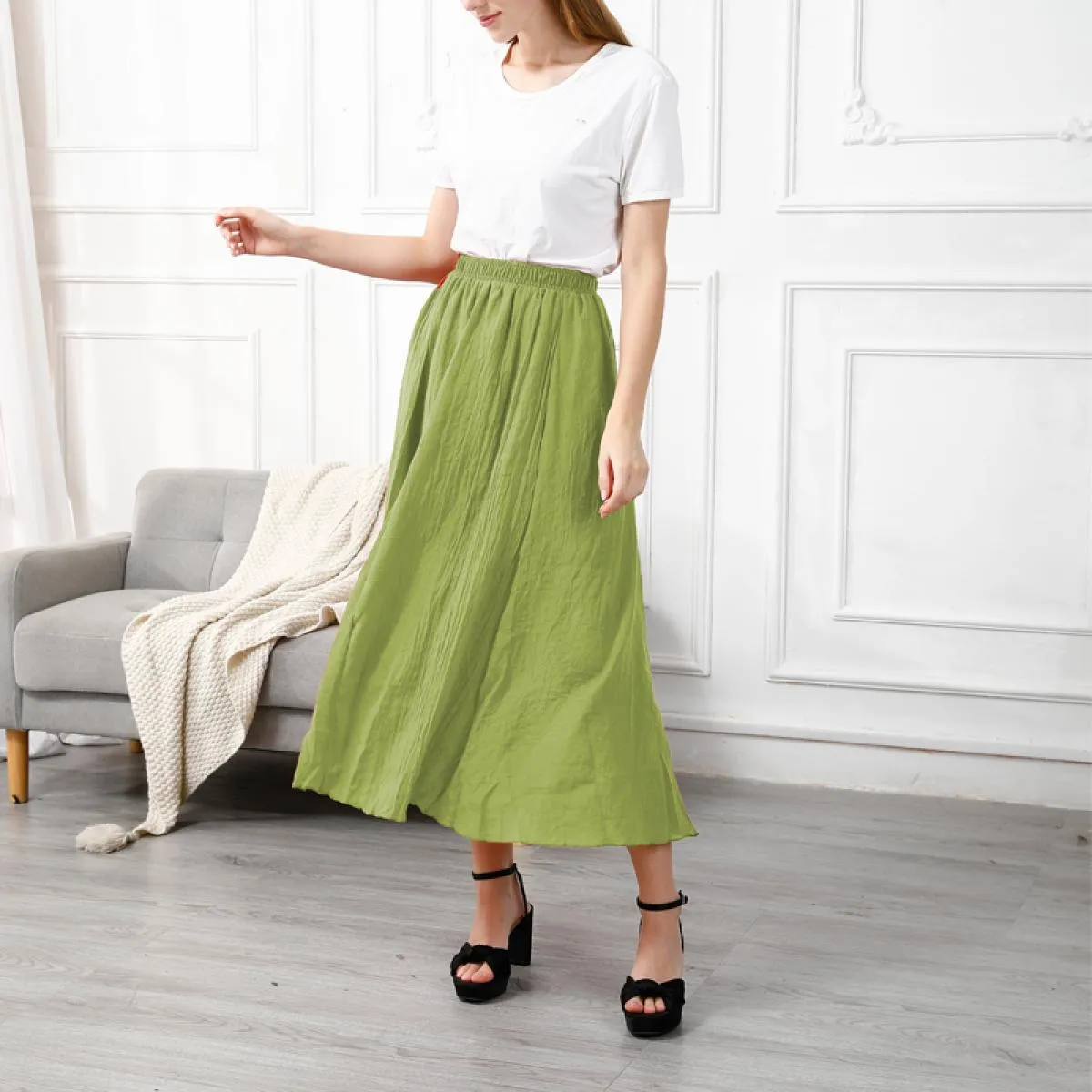 Gonne lunghe a pieghe in lino di cotone elegante da donna Gonna casual sottile in vita elastica a vita alta femminile Saias Nuov