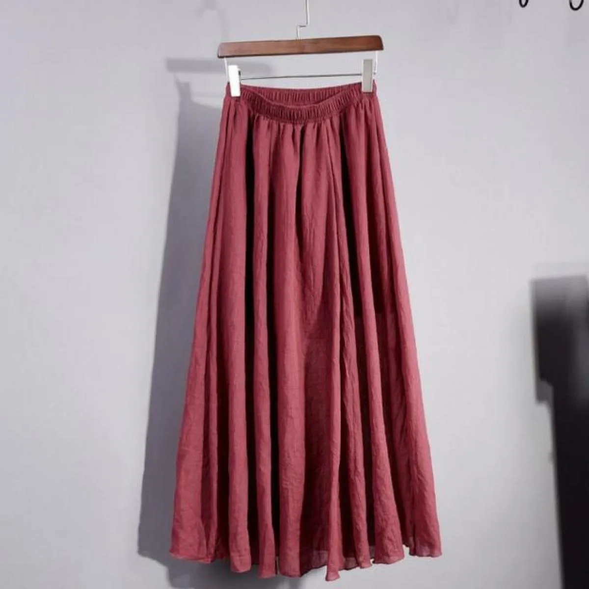 Gonne lunghe a pieghe in lino di cotone elegante da donna Gonna casual sottile in vita elastica a vita alta femminile Saias Nuov