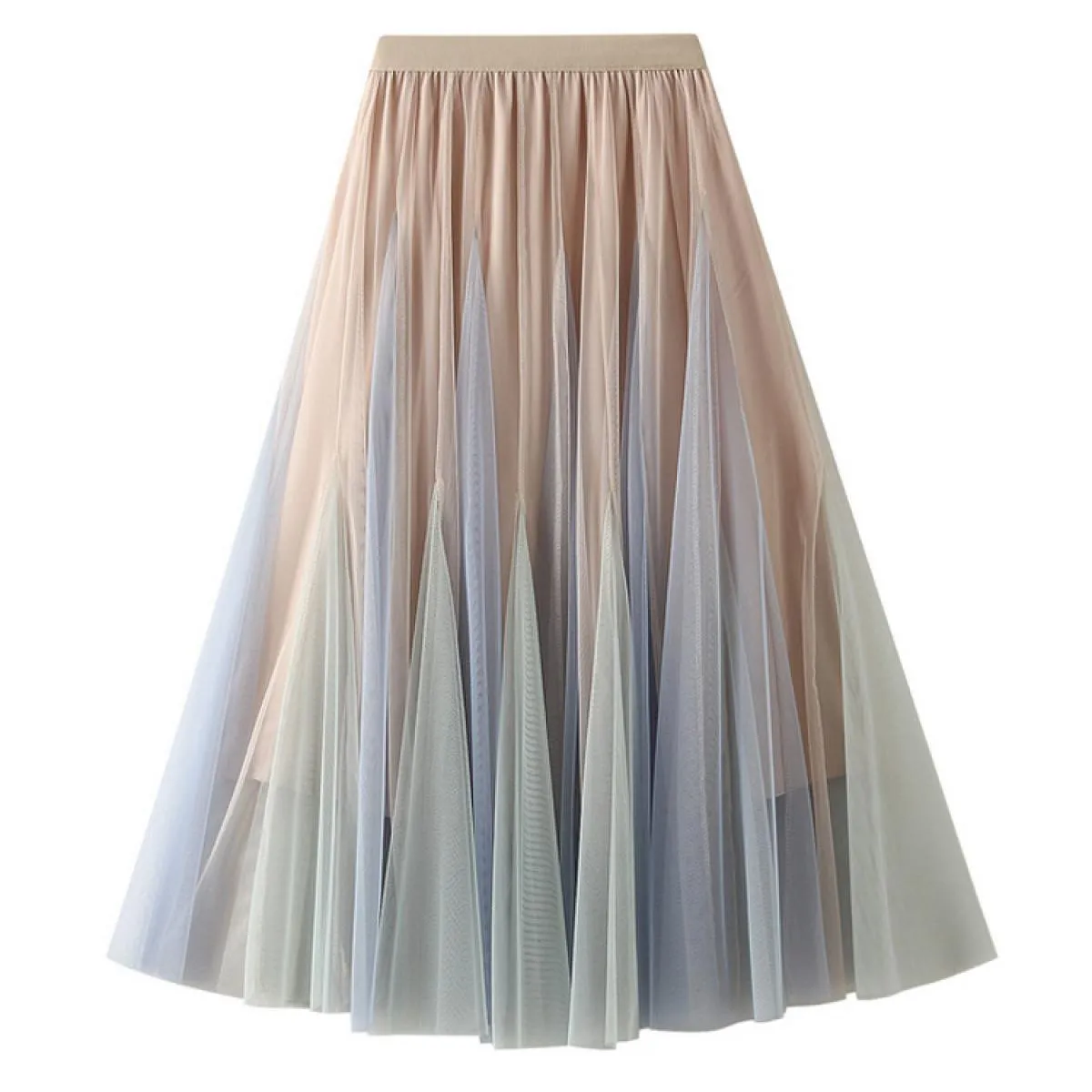 Gonne lunghe patchwork a doppia maglia dolce da donna Gonna abito da ballo a pieghe sfumate a vita alta femminile per le donne P