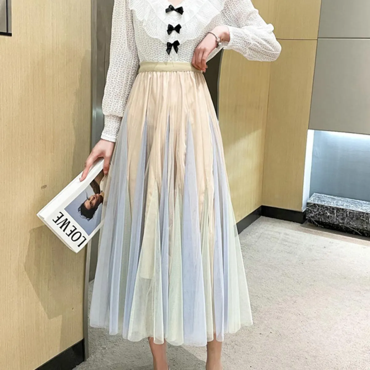 Gonne lunghe patchwork a doppia maglia dolce da donna Gonna abito da ballo a pieghe sfumate a vita alta femminile per le donne P