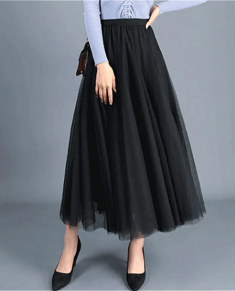 Gonne lunghe tutu di tulle alla moda Gonna a pieghe elastiche a vita alta da donna
