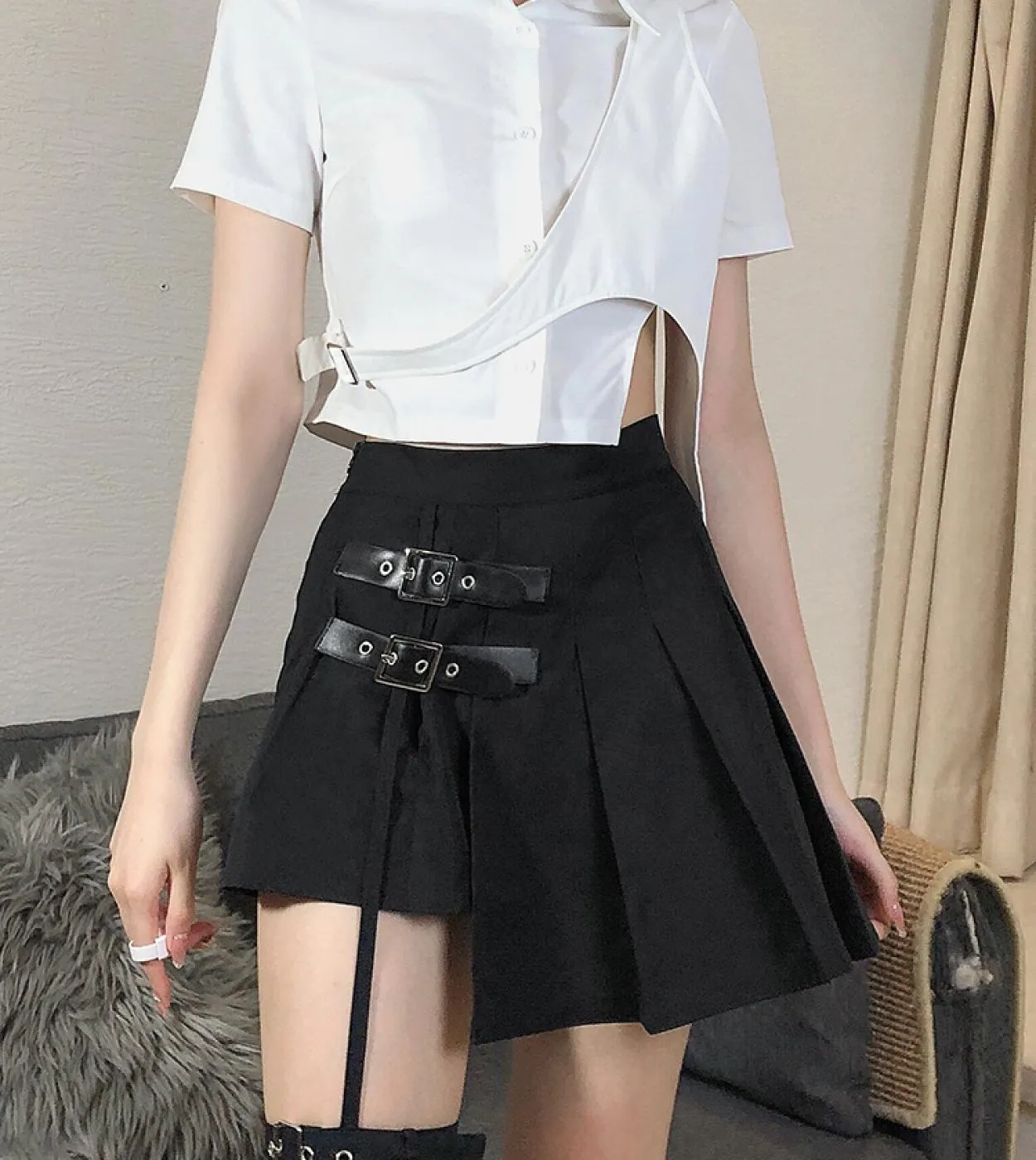 Gothic Leg Loop Patchwork Gonna corta Donna Minigonne a pieghe Streetwear Solid Black A Line Gonne Dark Academia 2023