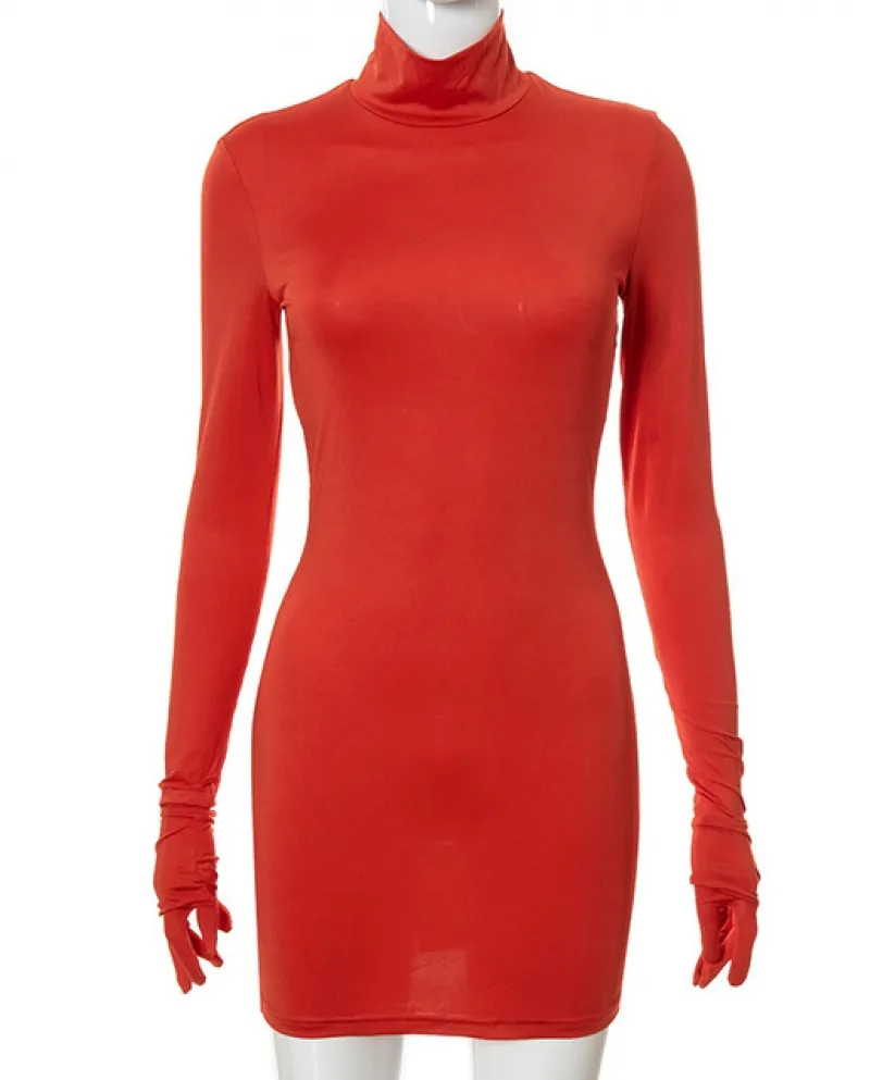 Hirigin Elegante Rosso Manica Lunga Con Guanti Solido Mini Abito Autunno Bi