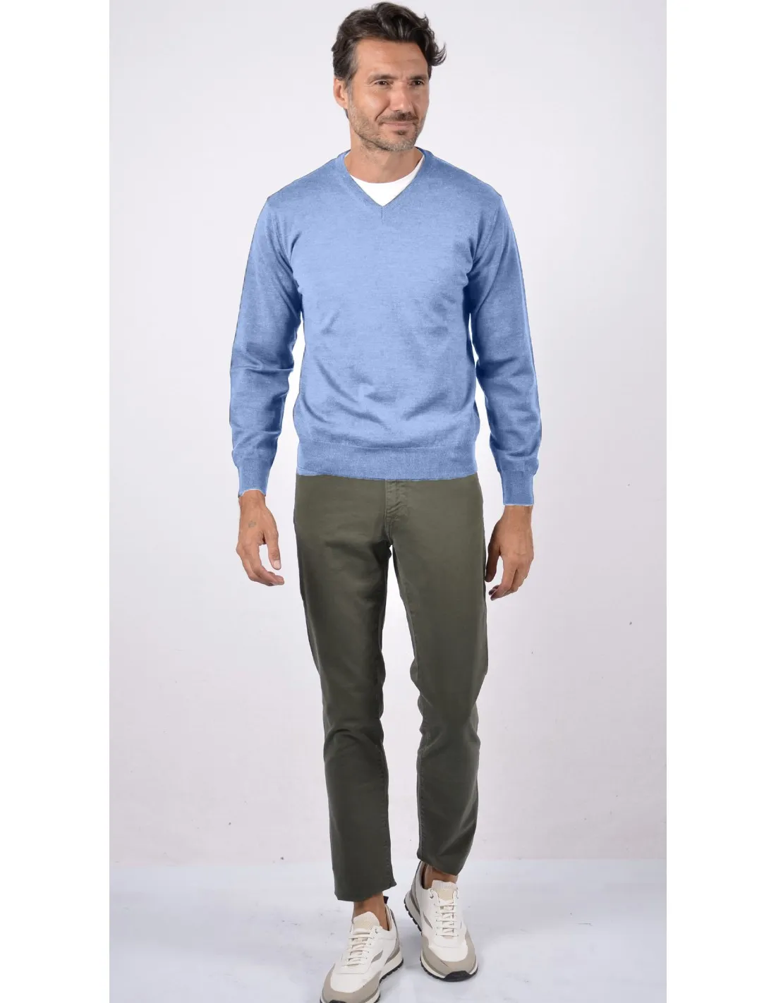 Maglia collo v ml lana  merinos 4 stagioni azzurro