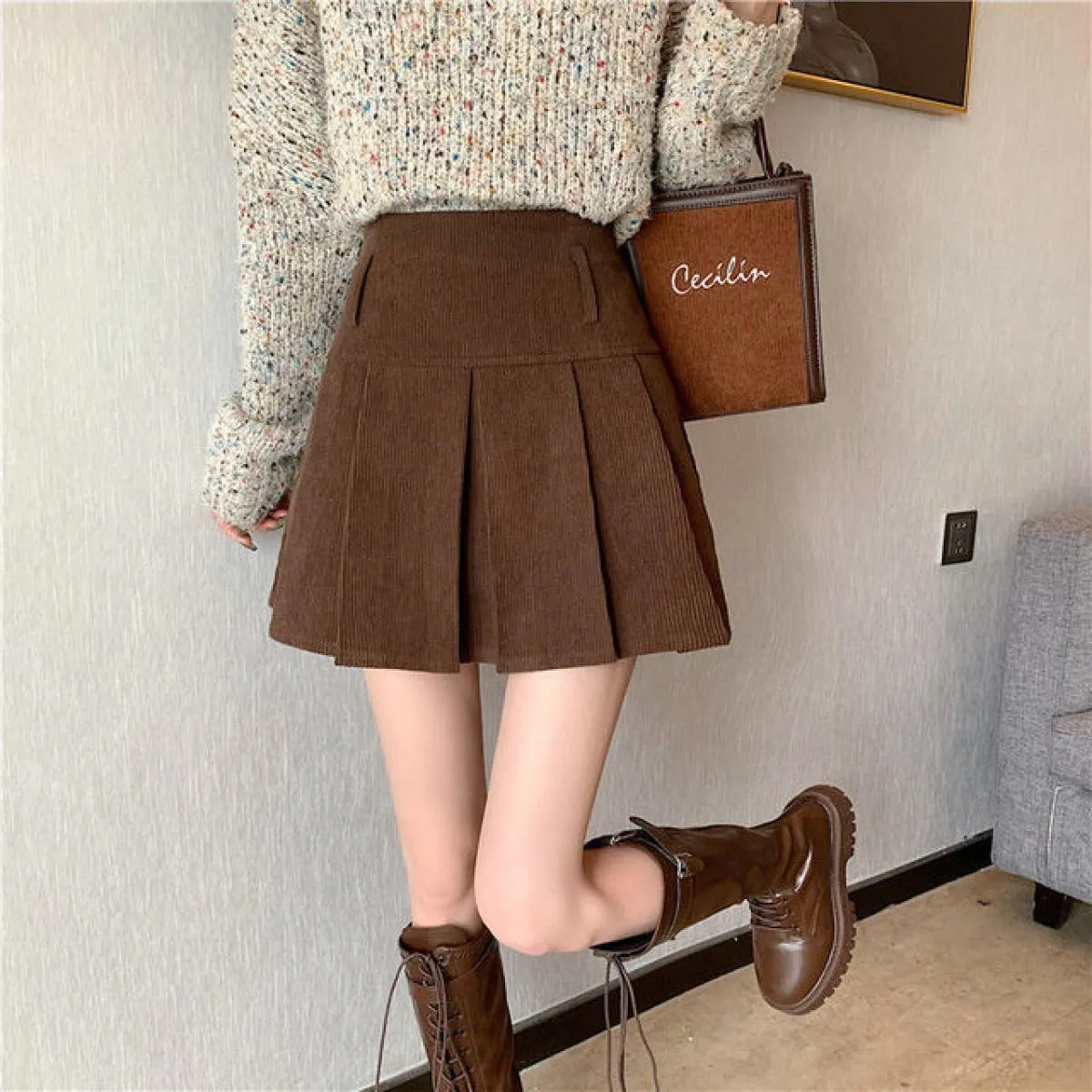 Minigonne in velluto a coste Gonne moda scuola da donna Gonne a pieghe Donna