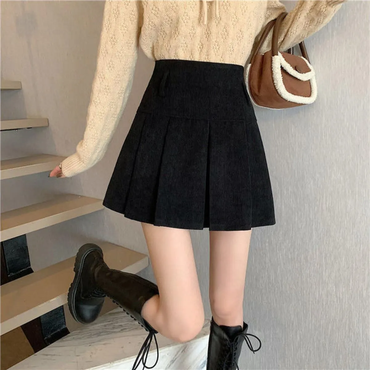 Minigonne in velluto a coste Gonne moda scuola da donna Gonne a pieghe Donna