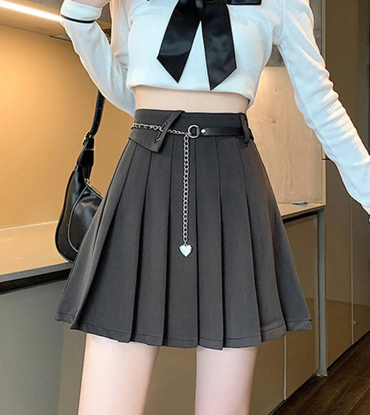 Moukyun Harajuku Gonna a pieghe Donna Elegante  Minigonne a vita alta Catena uniforme Una linea Streetwear con Fre vintage