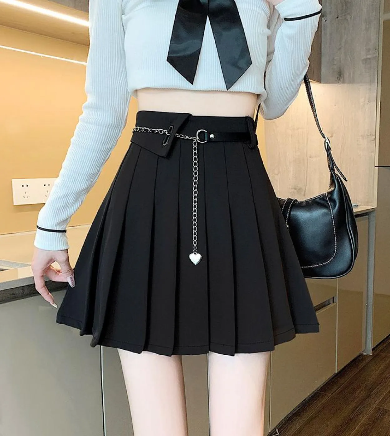 Moukyun Harajuku Gonna a pieghe Donna Elegante  Minigonne a vita alta Catena uniforme Una linea Streetwear con Fre vintage
