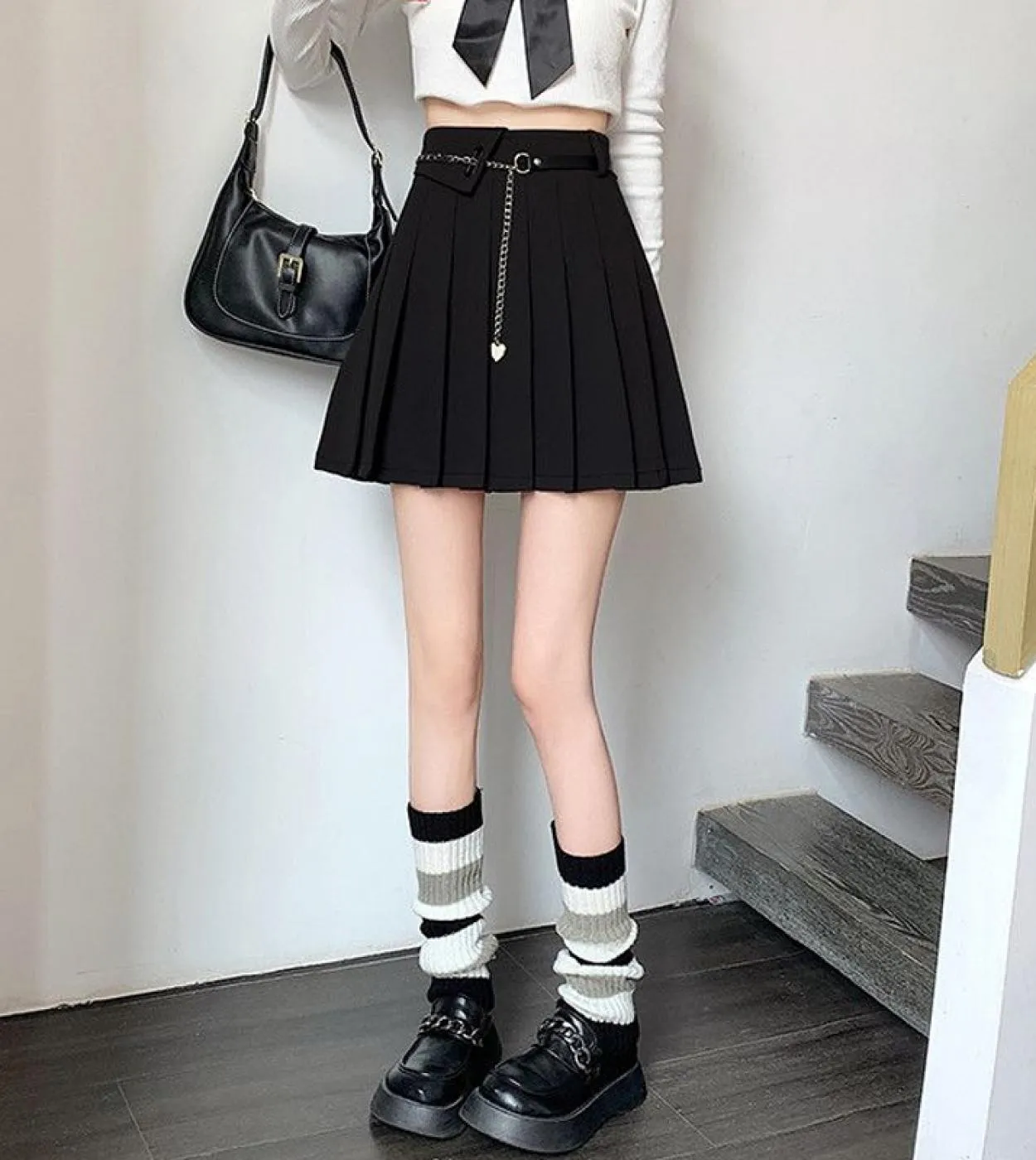 Moukyun Harajuku Gonna a pieghe Donna Elegante  Minigonne a vita alta Catena uniforme Una linea Streetwear con Fre vintage