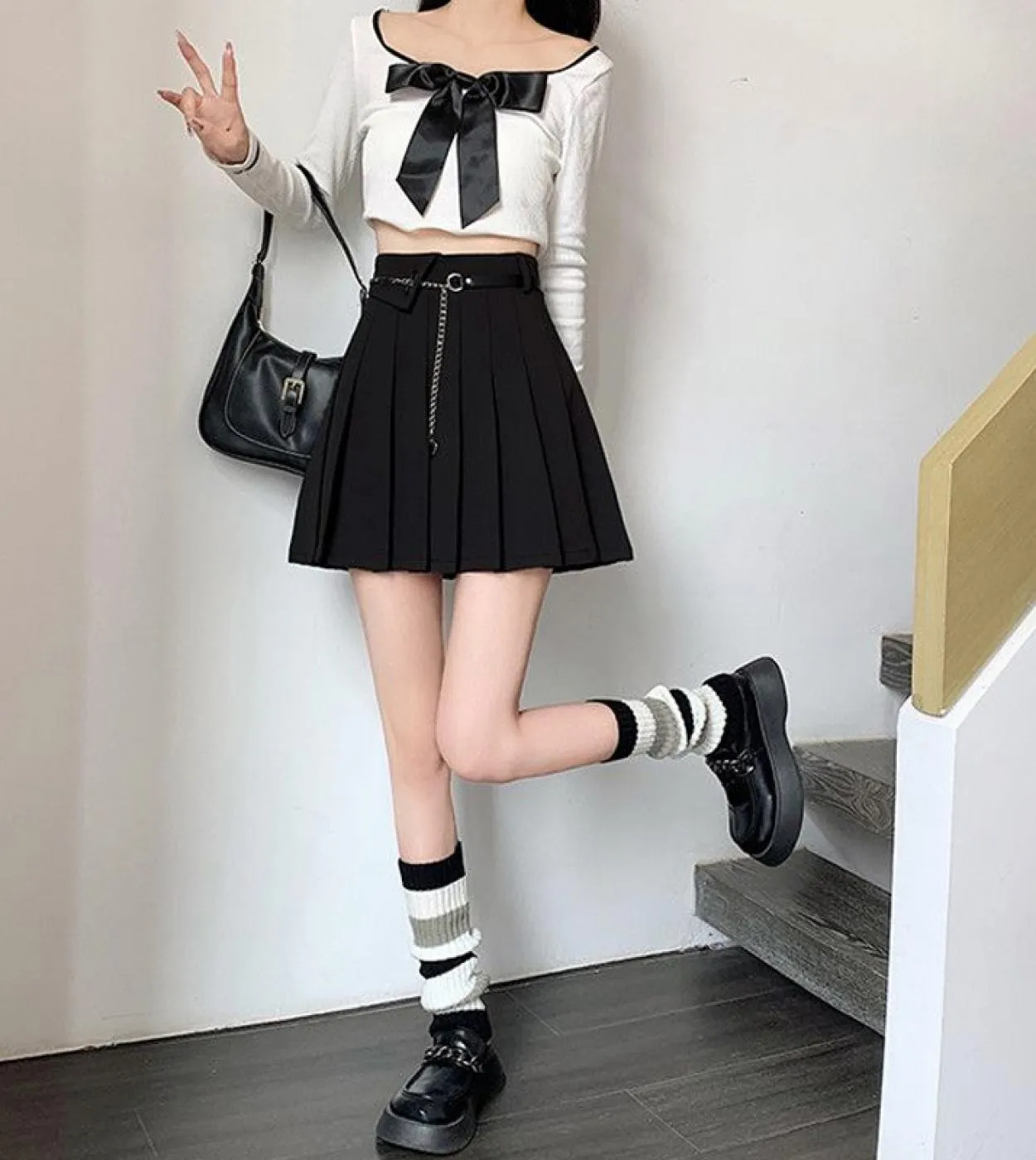 Moukyun Harajuku Gonna a pieghe Donna Elegante  Minigonne a vita alta Catena uniforme Una linea Streetwear con Fre vintage
