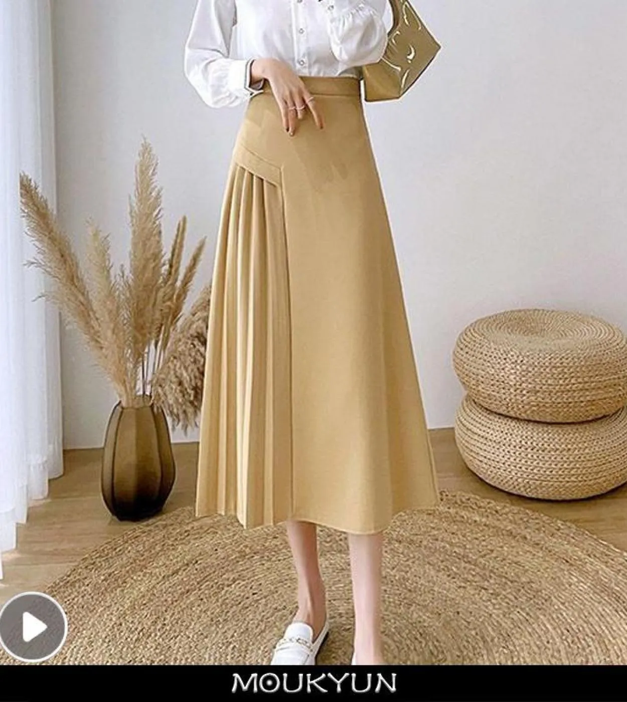 Moukyun Vintage Elegante Gonna a trapezio Donna Primavera Ufficio Ol Gonne lunghe a vita alta Moda Faldas a pieghe gialle Donna