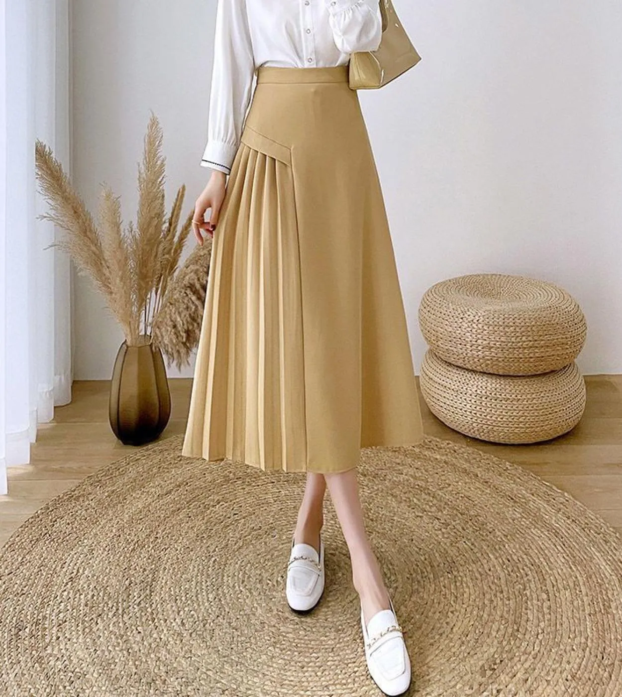 Moukyun Vintage Elegante Gonna a trapezio Donna Primavera Ufficio Ol Gonne lunghe a vita alta Moda Faldas a pieghe gialle Donna