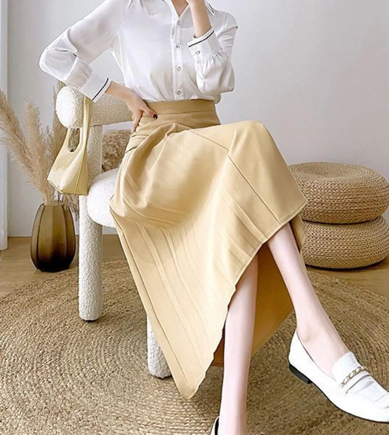 Moukyun Vintage Elegante Gonna a trapezio Donna Primavera Ufficio Ol Gonne lunghe a vita alta Moda Faldas a pieghe gialle Donna