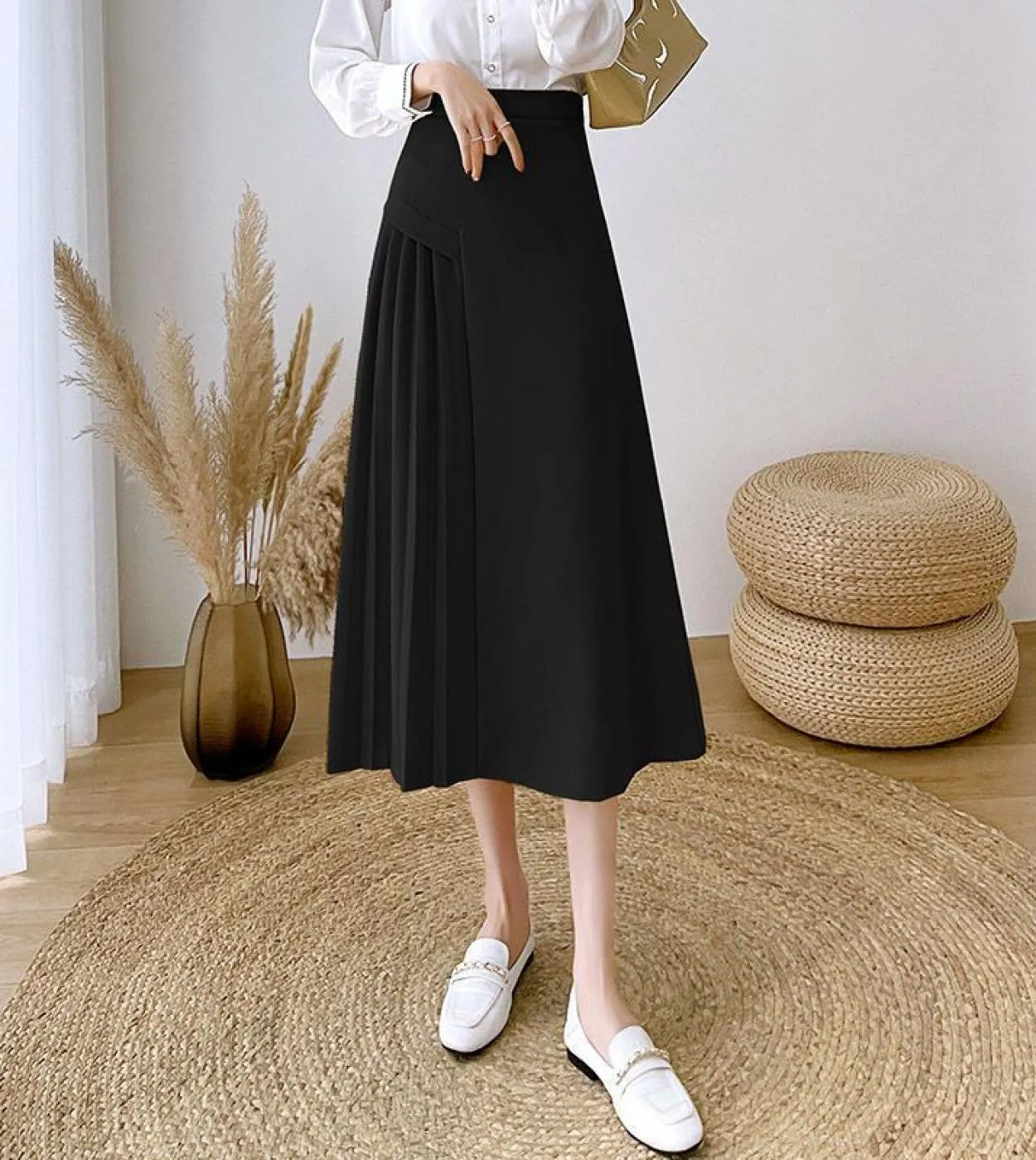 Moukyun Vintage Elegante Gonna a trapezio Donna Primavera Ufficio Ol Gonne lunghe a vita alta Moda Faldas a pieghe gialle Donna