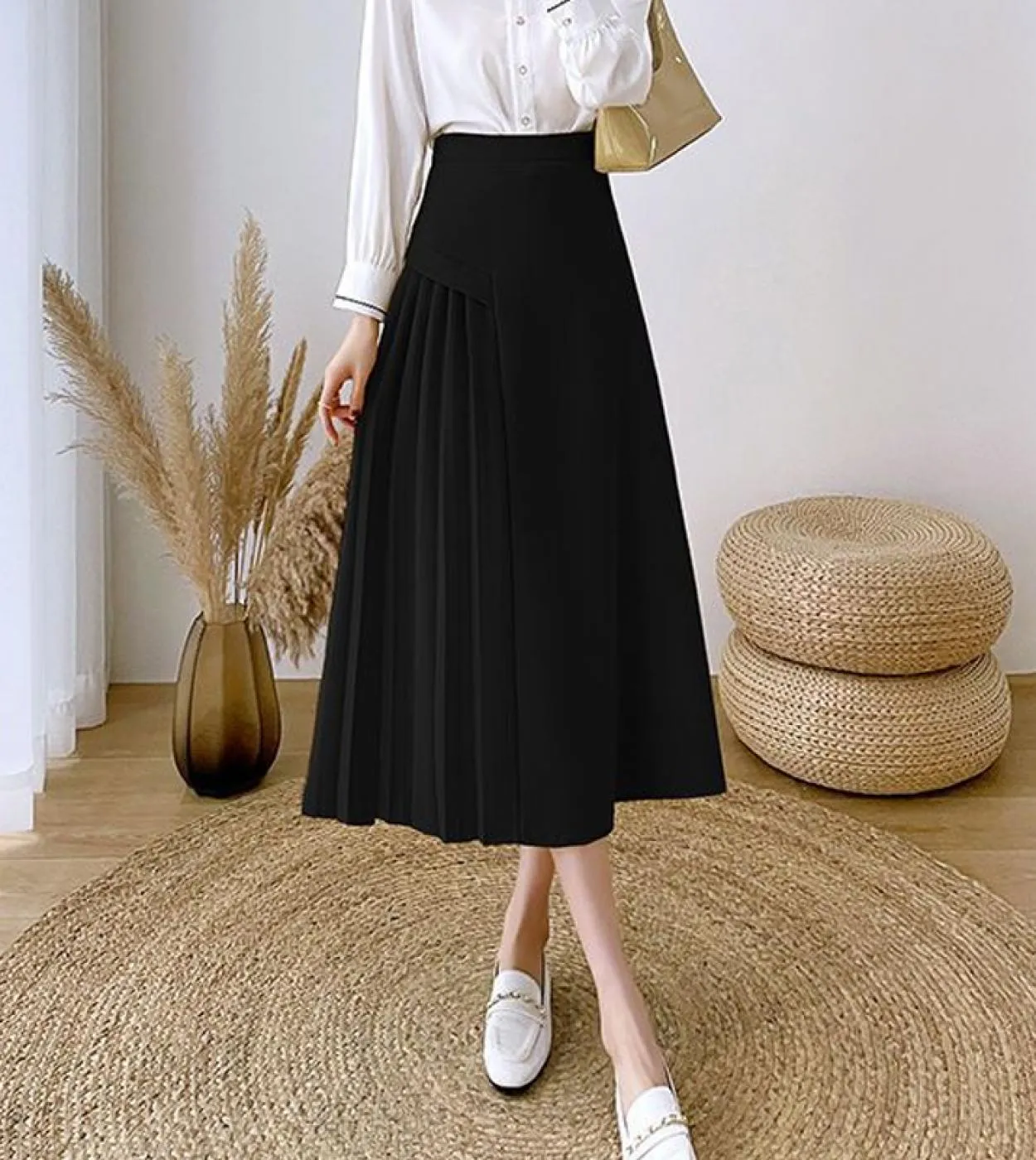 Moukyun Vintage Elegante Gonna a trapezio Donna Primavera Ufficio Ol Gonne lunghe a vita alta Moda Faldas a pieghe gialle Donna