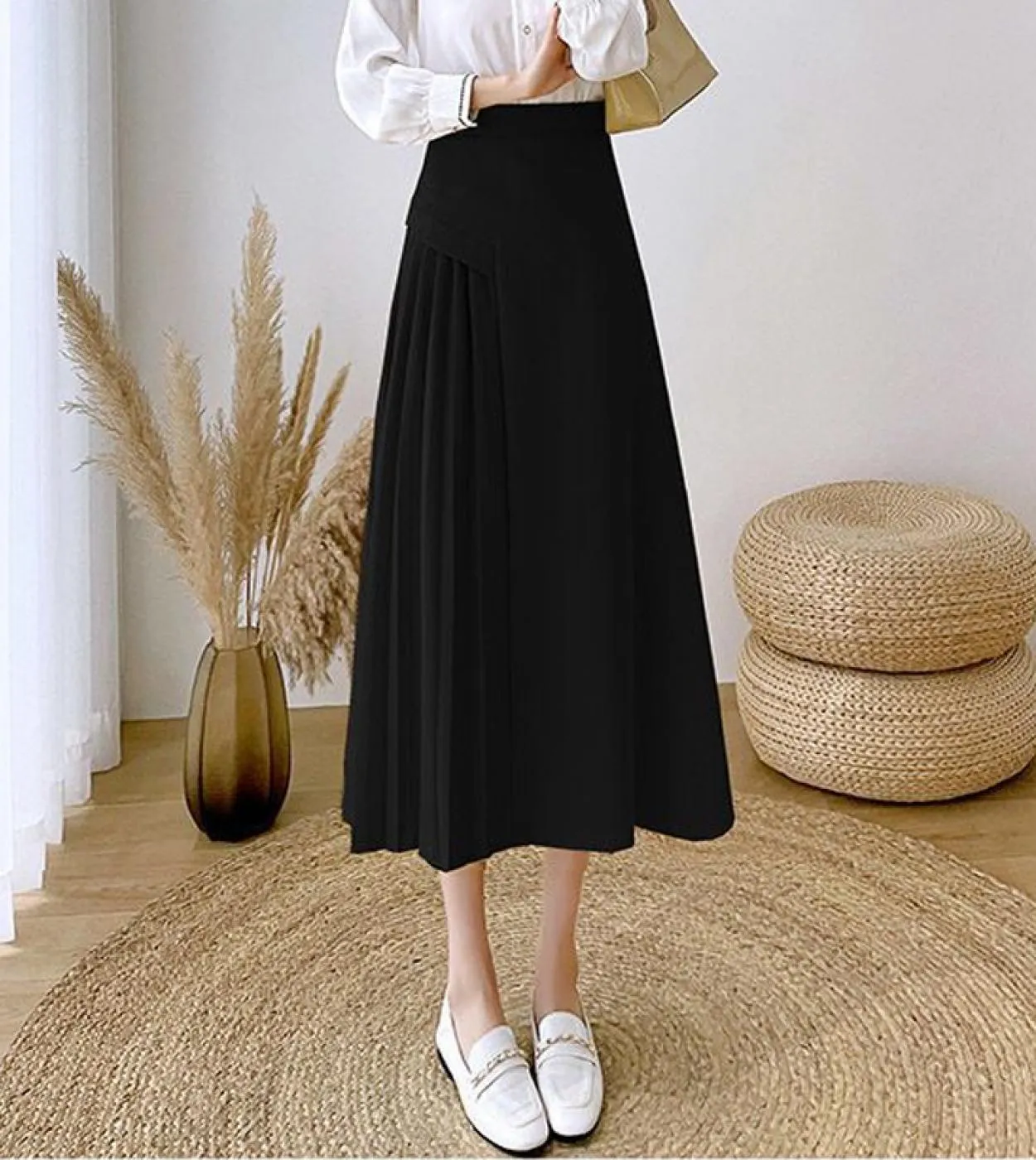 Moukyun Vintage Elegante Gonna a trapezio Donna Primavera Ufficio Ol Gonne lunghe a vita alta Moda Faldas a pieghe gialle Donna